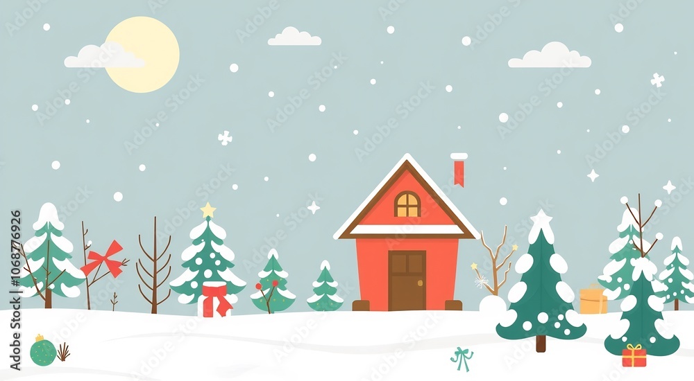 Cute red house with snow covered trees on a snowy winter day. Cute red house with snow covered trees on a snowy winter day.
