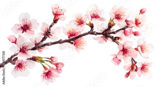 A watercolor painting of a branch with pink flowers