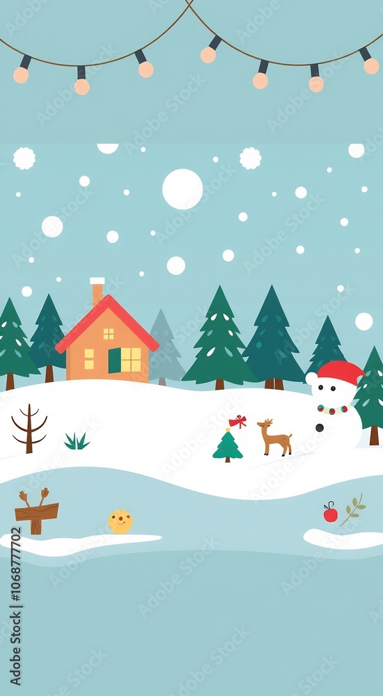 A snowman with a red hat standing near a cabin in a snowy forest. A snowman with a red hat standing near a cabin in a snowy forest.