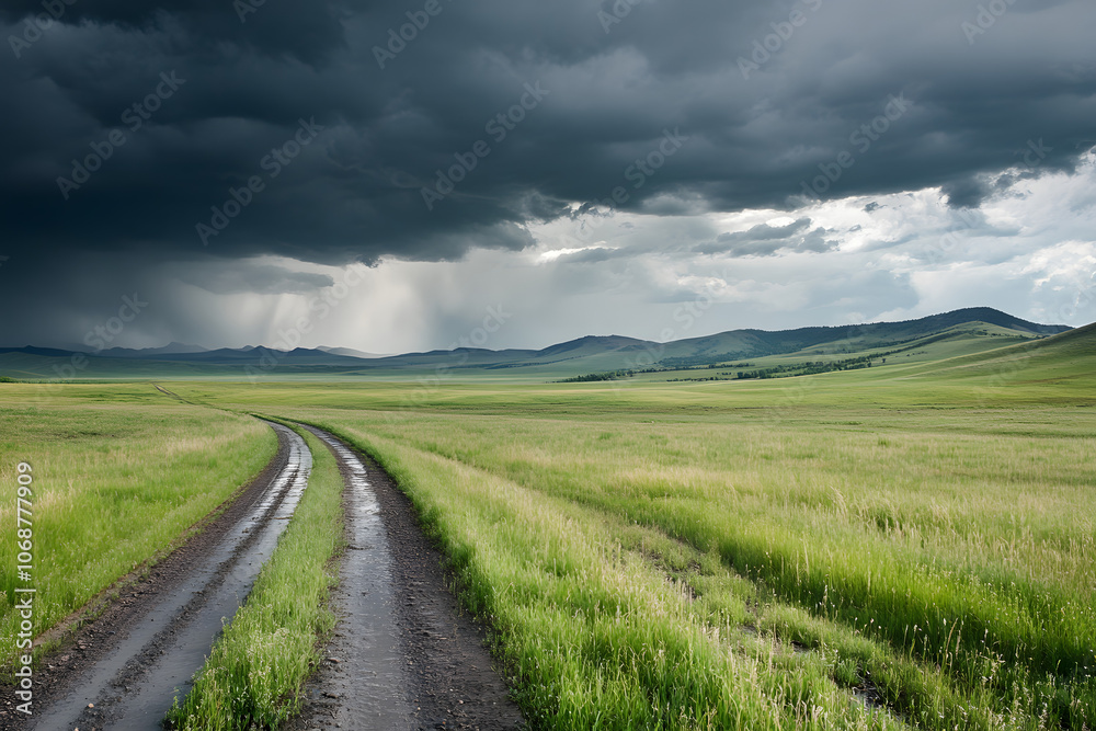 Intense storm approaching rural landscape, winding dirt road through lush green fields under dark looming clouds, tranquil yet powerful atmosphere before rainfall, countryside scenery
Intense storm approaching rural landscape, winding dirt road through lush green fields under dark looming clouds, tranquil yet powerful atmosphere before rainfall, countryside scenery