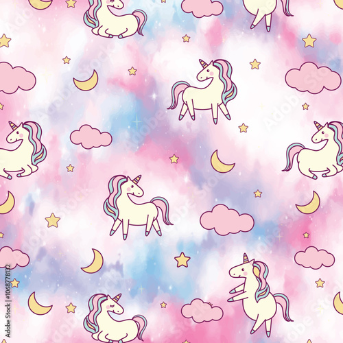 Cute Sweet Unicorn Head Seamless Pattern on pink background with stars