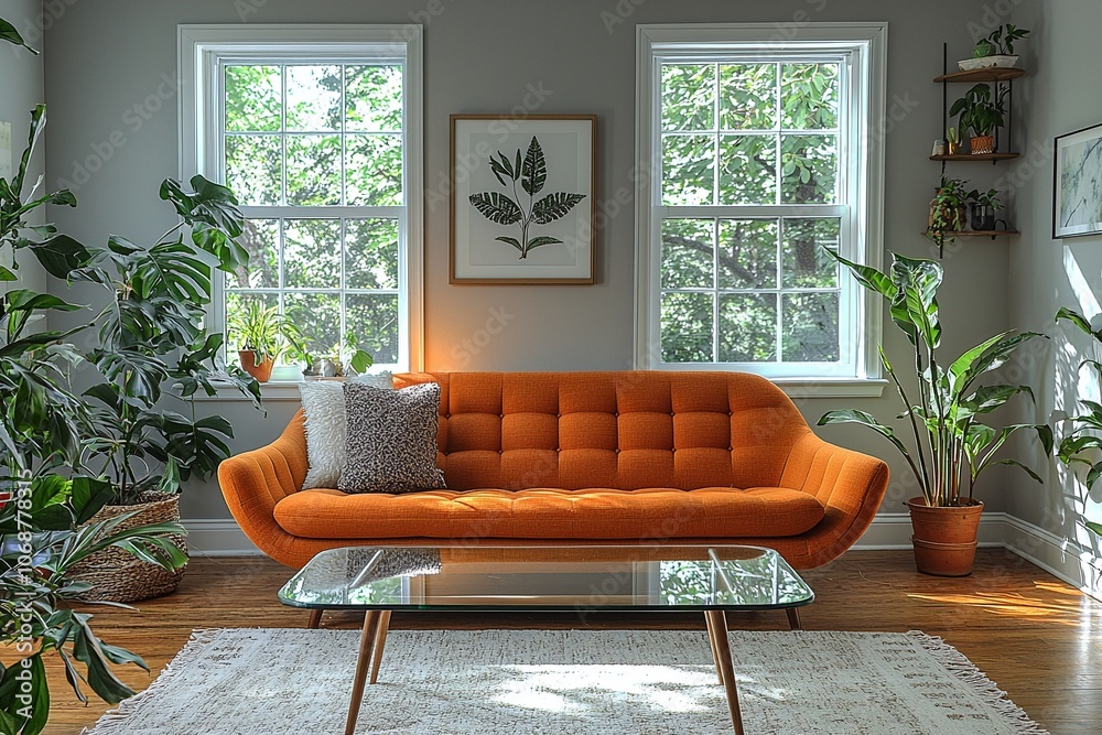 Fototapeta premium Minimalist, light house with orange sofa and table Mid century Modern interior in living room. Generative AI 