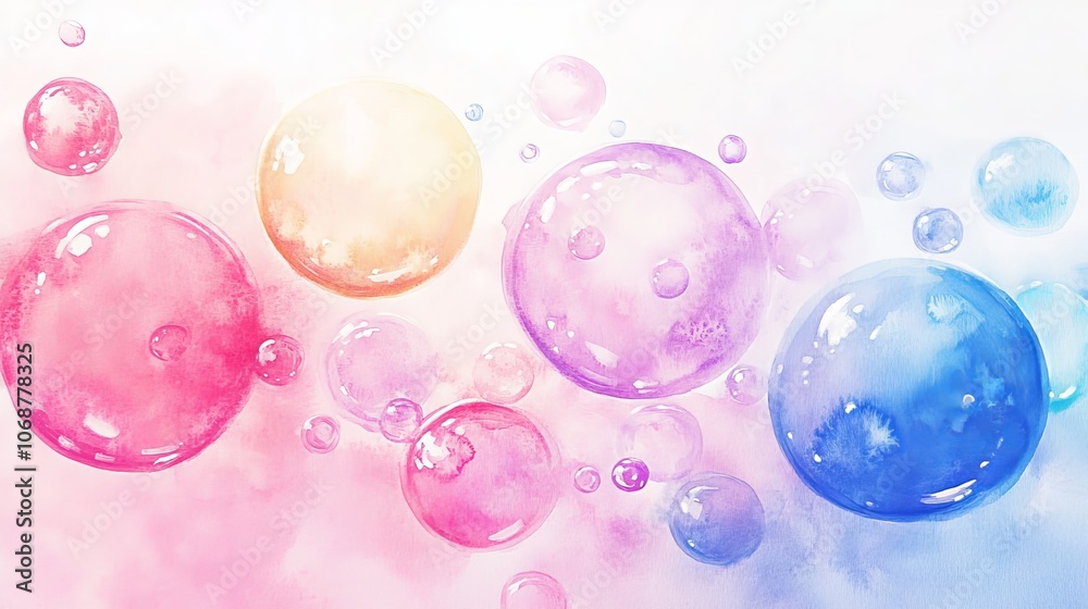 Paint a vibrant watercolor picture of soap bubbles. Capture the ephemeral orbs, light and airy spheres, and delicate froth. Craft a design for cards, decorations, packaging, Paint a vibrant watercolor picture of soap bubbles. Capture the ephemeral orbs, light and airy spheres, and delicate froth. Craft a design for cards, decorations, packaging,