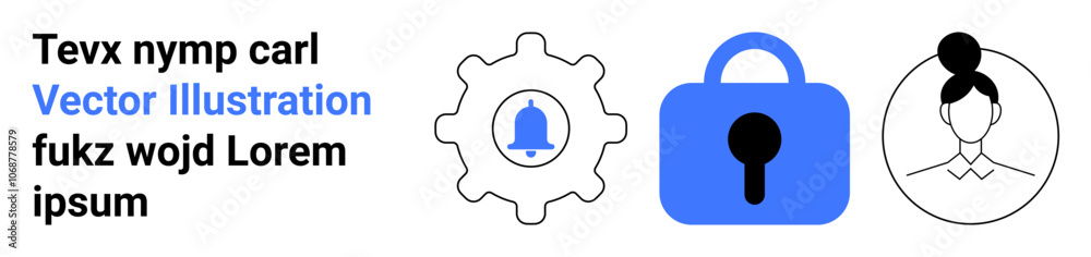 Gear with notification bell icon, blue padlock icon, female user profile in black and white. Ideal for web security, user settings, privacy protection, notifications management, account safety, user Gear with notification bell icon, blue padlock icon, female user profile in black and white. Ideal for web security, user settings, privacy protection, notifications management, account safety, user