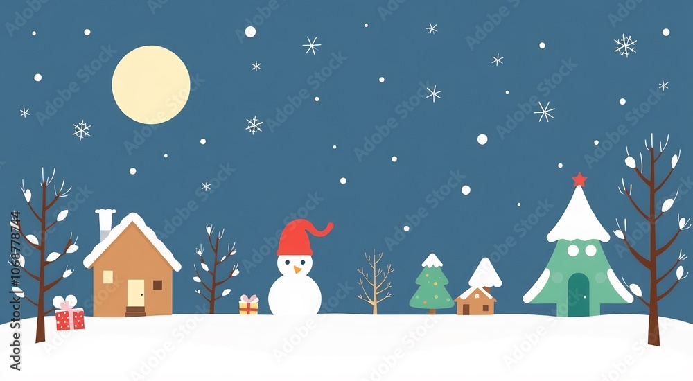 A whimsical winter scene with a snowman, a house, and a Christmas tree, all against a blue night sky with a full moon and falling snow. A whimsical winter scene with a snowman, a house, and a Christmas tree, all against a blue night sky with a full moon and falling snow.