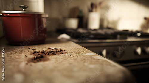 Close-Up of Rat Droppings on a Kitchen Counter with Shallow Depth of Field, Highlighting Health Risks, Hygiene Concerns, and the Importance of Pest Control in Food Preparation Areas 