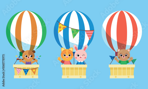 Cute animals riding on hot air balloons on sky landscape. Animal character cat, bunny, bear, dog on aerostat with baskets. Hiking kids travel adventures. Summer journey, back to school.