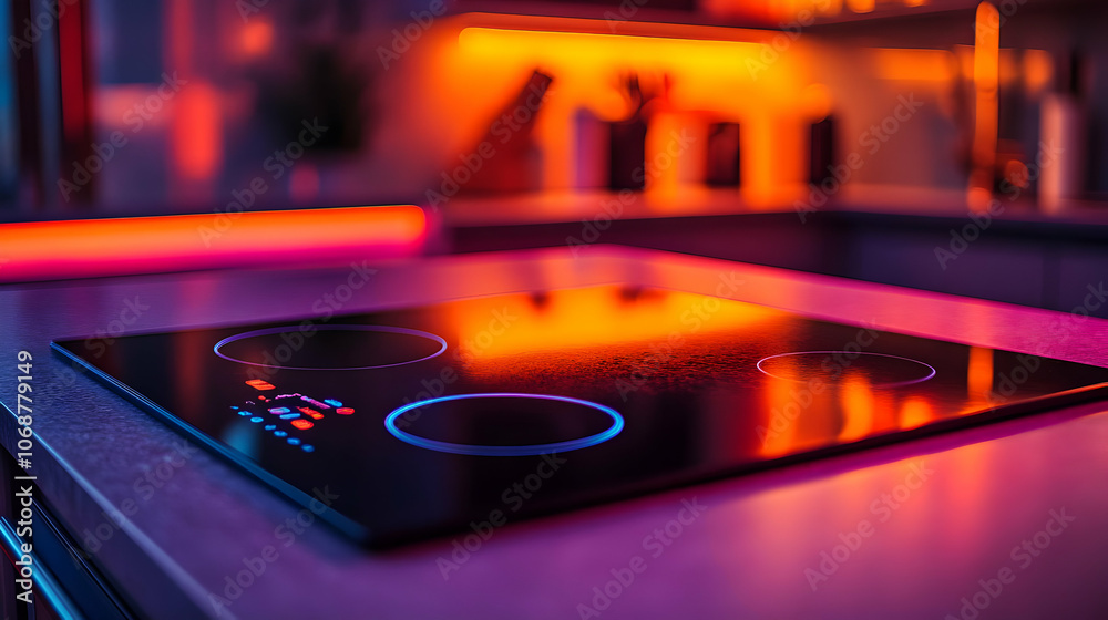 Modern Kitchen Stovetop with Neon Lights - Illustration