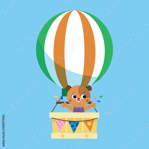 Cute animal riding on hot air balloons on sky landscape. Animal character dog on aerostat with baskets. Hiking kids travel adventures. Summer journey, back to school.