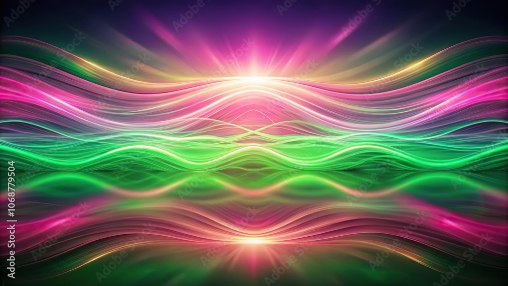 abstract landscape formed by pink and green glowing waves of light