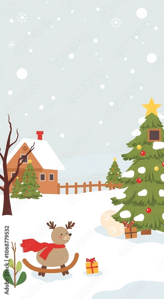A cute reindeer rides a rocking horse in a snowy winter scene, with a Christmas tree, a house, and gifts. A cute reindeer rides a rocking horse in a snowy winter scene, with a Christmas tree, a house, and gifts.