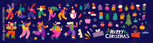 Merry Christmas holiday elements. Christmas decorative collection with fun people, Christmas tree and gifts. People are dancing, having fun and celebrating Christmas