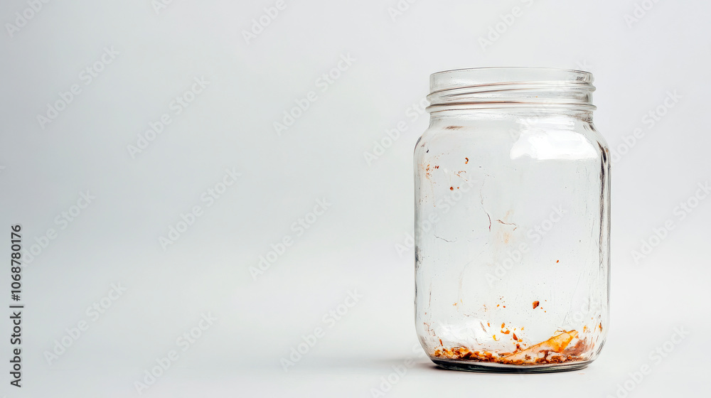Empty Glass Jar with Food Remnants on Plain Background, Space for Copy Empty Glass Jar with Food Remnants on Plain Background, Space for Copy