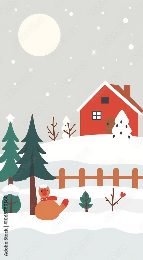 A cute bird wearing a red scarf and hat standing in the snow in front of a red house. A cute bird wearing a red scarf and hat standing in the snow in front of a red house.