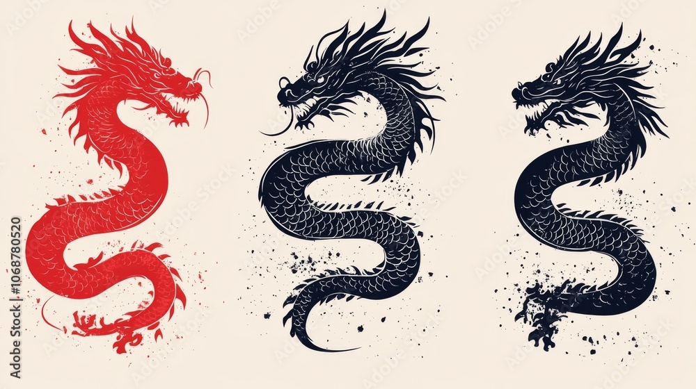 Three different dragon designs with one of them being red and black Three different dragon designs with one of them being red and black