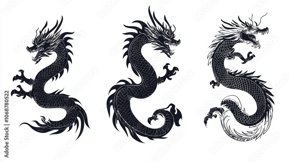 Three black dragons are shown in different positions Three black dragons are shown in different positions