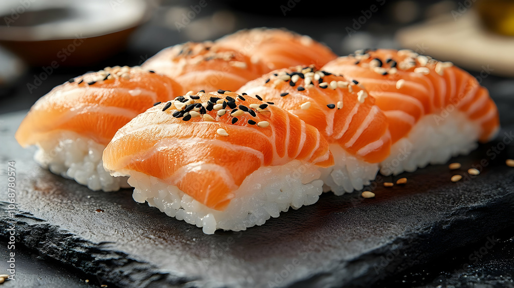 Salmon Nigiri Sushi on Black Stone Plate - Food Photography Salmon Nigiri Sushi on Black Stone Plate - Food Photography