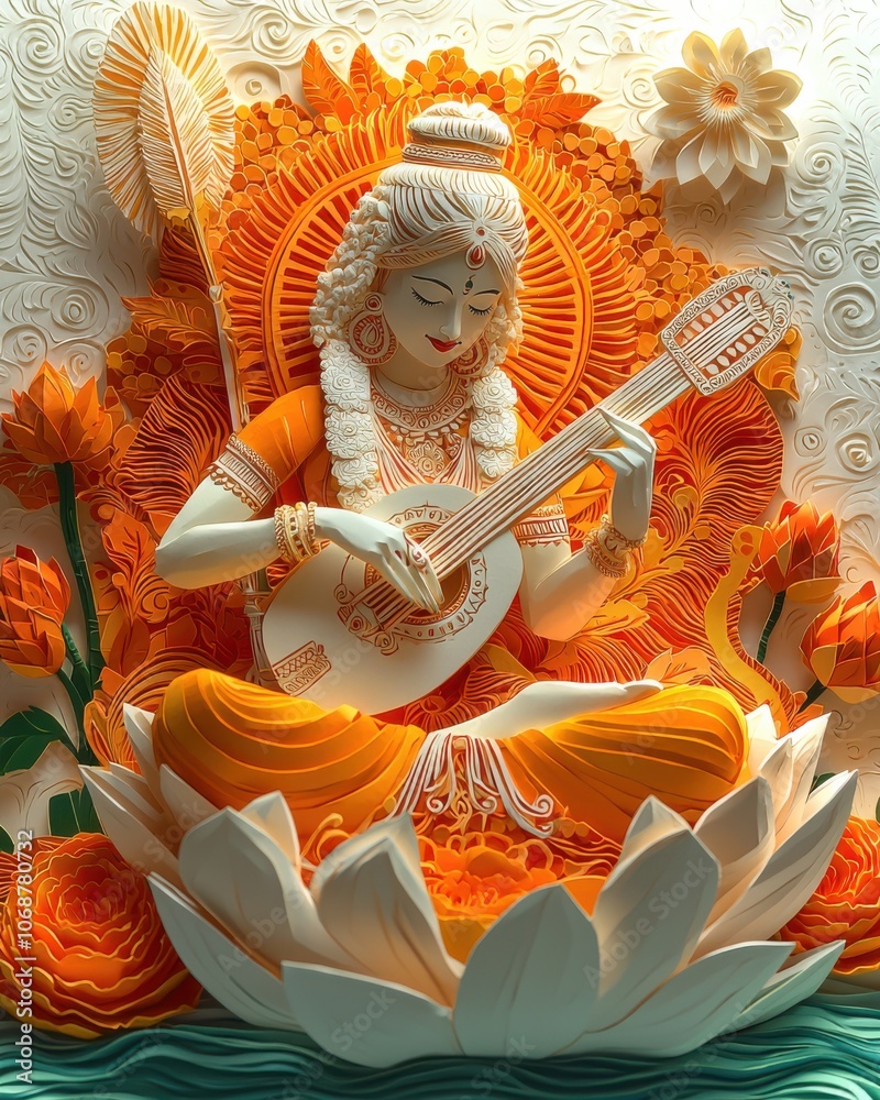 Fototapeta premium Discover the divine beauty of goddess saraswati as she elegantly plays the veena surrounded by vibrant lotus flowers