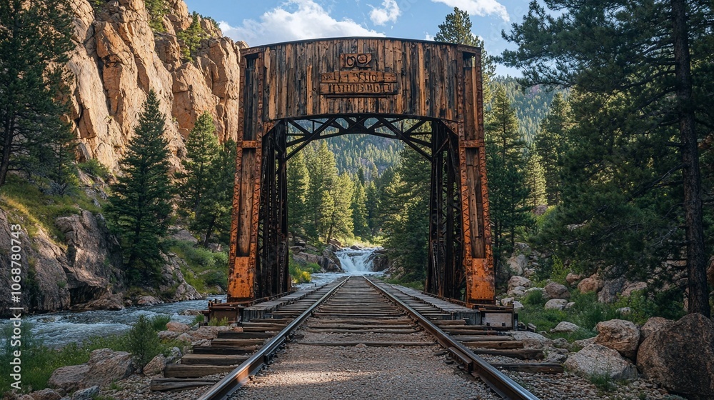 Rustic Timber and Iron Railway Bridge Over River in Pine Forest