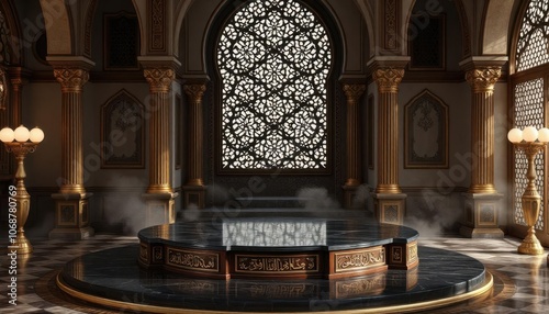 Opulent Islamic-inspired podium: A sacred, pristinely empty stage photo