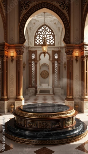 Opulent Islamic-inspired podium: A sacred, pristinely empty stage photo