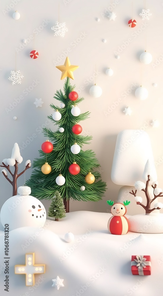3D rendered Christmas scene with a decorated tree, snowman, and reindeer. 3D rendered Christmas scene with a decorated tree, snowman, and reindeer.