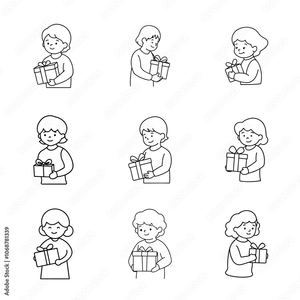 Children With Gift Boxes Line Art Illustration Children With Gift Boxes Line Art Illustration
