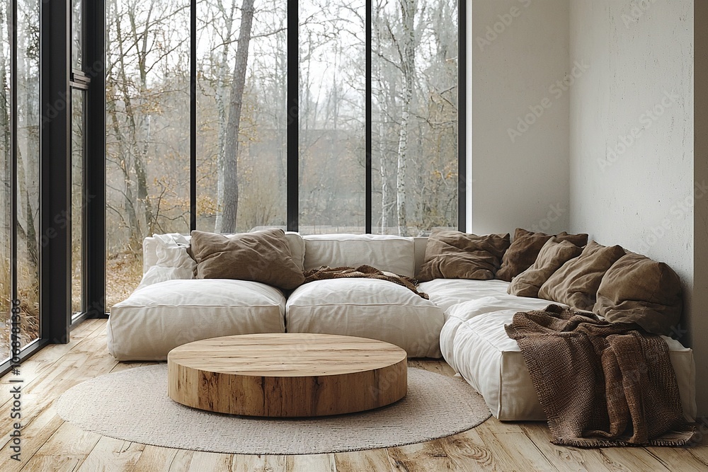 Fototapeta premium Minimalist, Scandinavian interiors in the living room of a house with large windows and sofas. Generative AI 