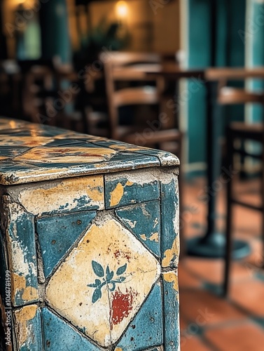 Colorful vintage tile tabletop with rustic ambiance in a cozy cafe setting.