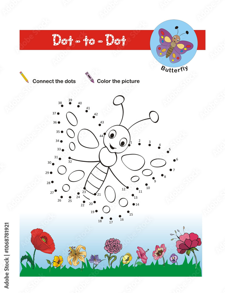 Fototapeta premium Dot to dot activity worksheet for preschool kids. Activity of learning numbers from 1 to 43 and pen control. Connect the dots to draw a butterfly.