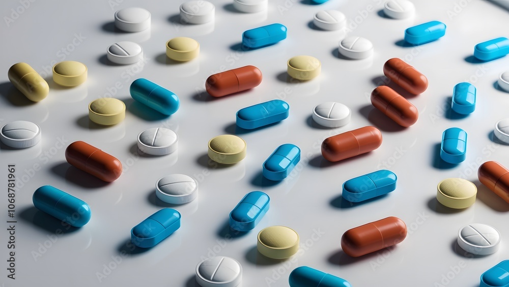 Various colored pills and tablets arranged on a clean white background Various colored pills and tablets arranged on a clean white background