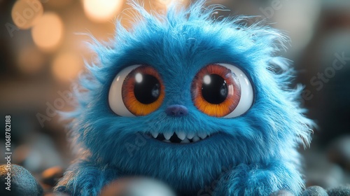 3d cartoon character of a cute blue furry monster with a playful expression, designed with exaggerated features and bright colors, exuding charm and whimsy