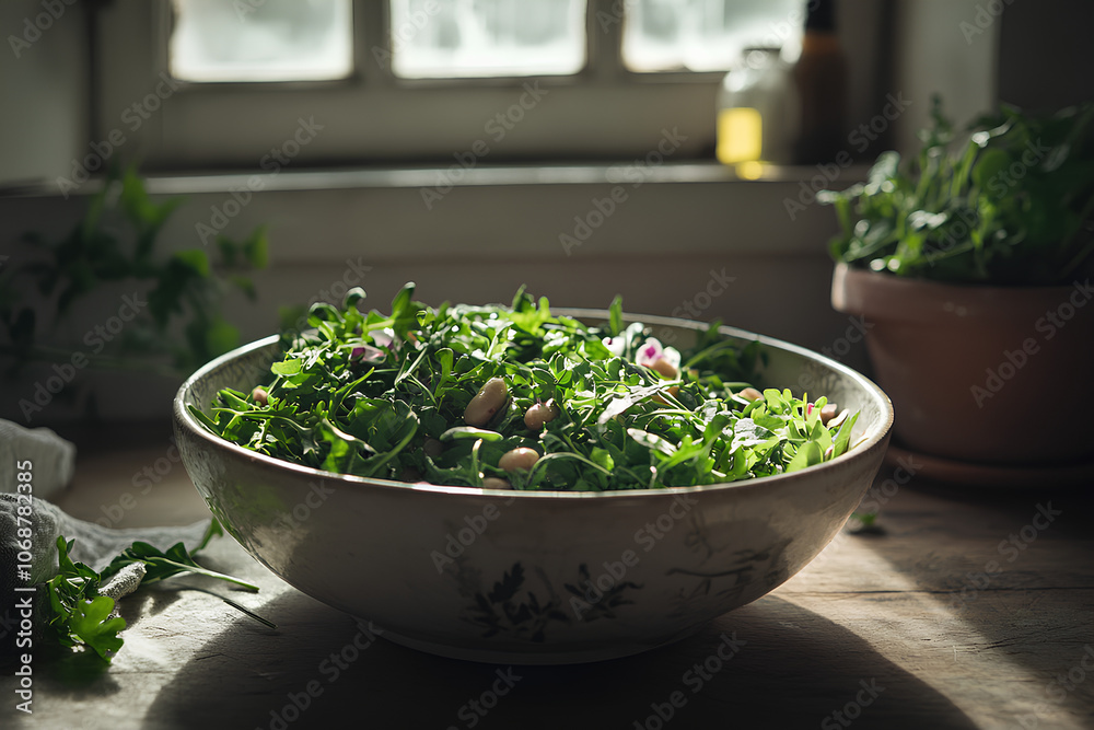 Salad Bowl with Dark Leafy Greens, Arugula, Mixed Beans, and Microgreens in Light Vinaigrette on Minimalist Table
Salad Bowl with Dark Leafy Greens, Arugula, Mixed Beans, and Microgreens in Light Vinaigrette on Minimalist Table