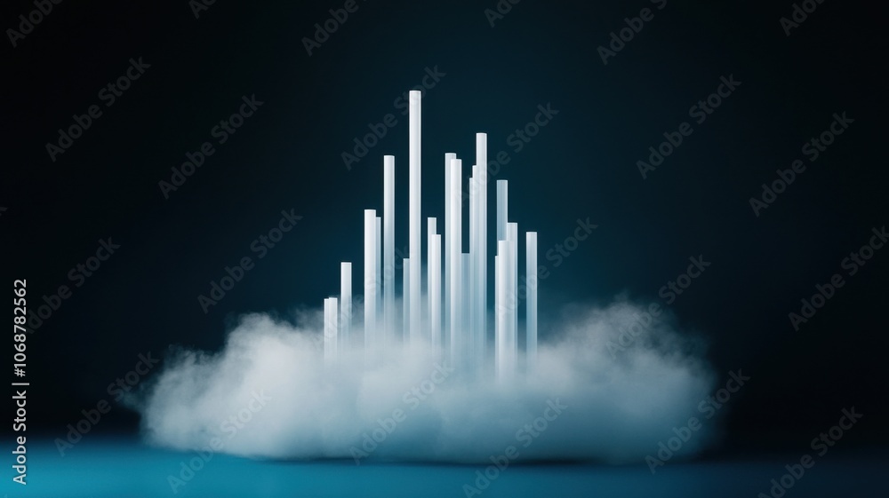 Futuristic design featuring vertical white structures emerging from a misty base, set against a dark blue background, creating an ethereal atmosphere. Futuristic design featuring vertical white structures emerging from a misty base, set against a dark blue background, creating an ethereal atmosphere.