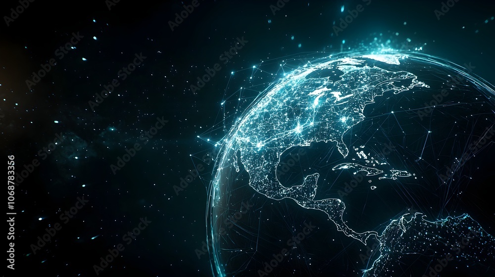 Futuristic Planet Earth Connected by Glowing Digital Pathways Representing Global Communication and Technology Futuristic Planet Earth Connected by Glowing Digital Pathways Representing Global Communication and Technology