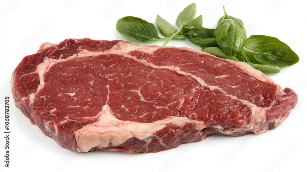 Fresh Beef Steak with Green Herbs Displayed Fresh Beef Steak with Green Herbs Displayed