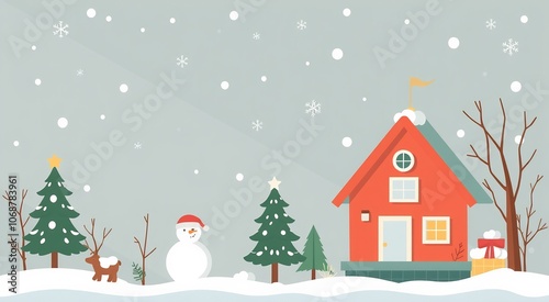 A cozy red house with snow covered roof, a snowman, reindeer, and decorated Christmas trees in a snowy winter landscape.