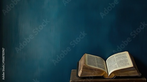 Open Book on Wooden Table with Blue Background photo