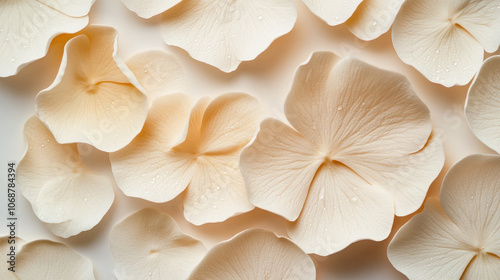 Macro shot of delicate flower petal with water droplets, soft pastel tones