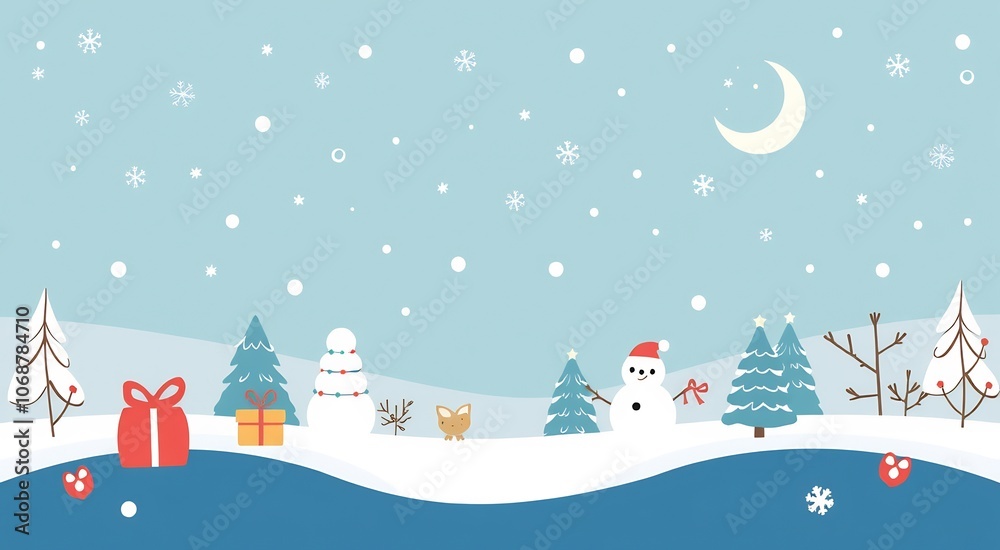 Cute cartoon snowman with Christmas trees and presents in winter wonderland.