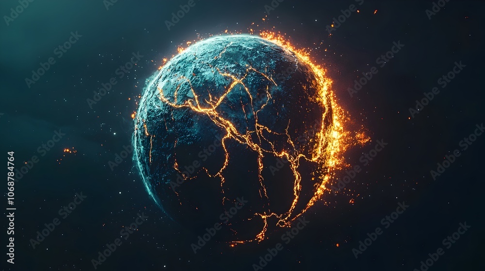 Fractured Globe with Glowing Fault Lines Signaling Urgent Need for Environmental Protection Fractured Globe with Glowing Fault Lines Signaling Urgent Need for Environmental Protection