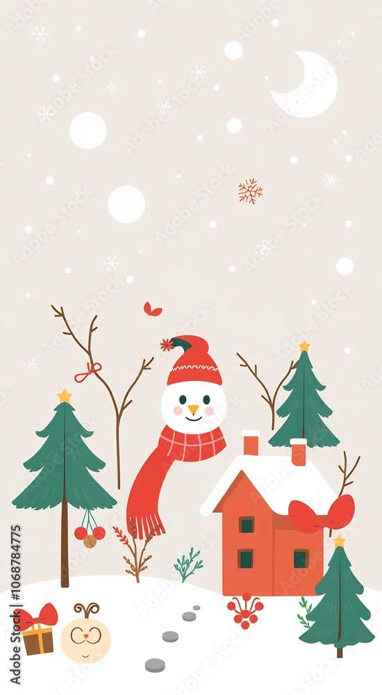 A snowman in a red hat and scarf stands near a red house with a white snowy roof in a winter landscape. A snowman in a red hat and scarf stands near a red house with a white snowy roof in a winter landscape.
