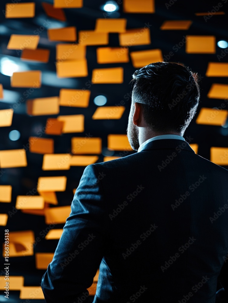 Business Professional Analyzes Ideas with Sticky Notes in a Creative Environment Business Professional Analyzes Ideas with Sticky Notes in a Creative Environment