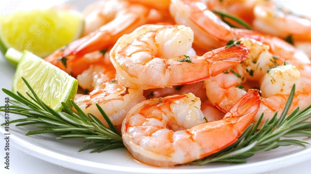 Fresh Shrimp with Lime and Herbs on White Plate Fresh Shrimp with Lime and Herbs on White Plate