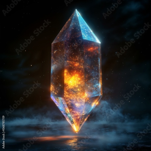 Mystical cosmic crystal: a surreal floating gem in a nebulous sky