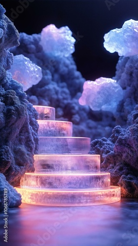 Mystical neon spiral stairs amidst glowing clouds and rocks photo