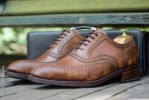 A pair of polished brown dress shoes with a shoe tree, placed beside a sleek black case. photo