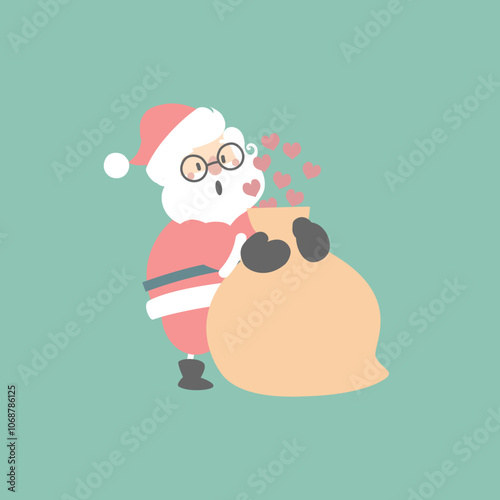 merry christmas and happy new year with cute santa claus and sack of heart, flat vector illustration cartoon character costume design