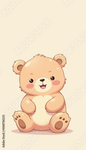 Adorable Kawaii Bear Sitting Happily Against Neutral Background