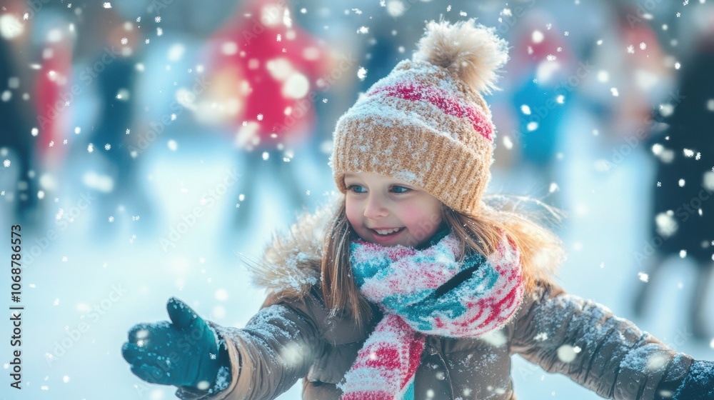 A joyful child plays in the snow wearing a cozy hat and scarf